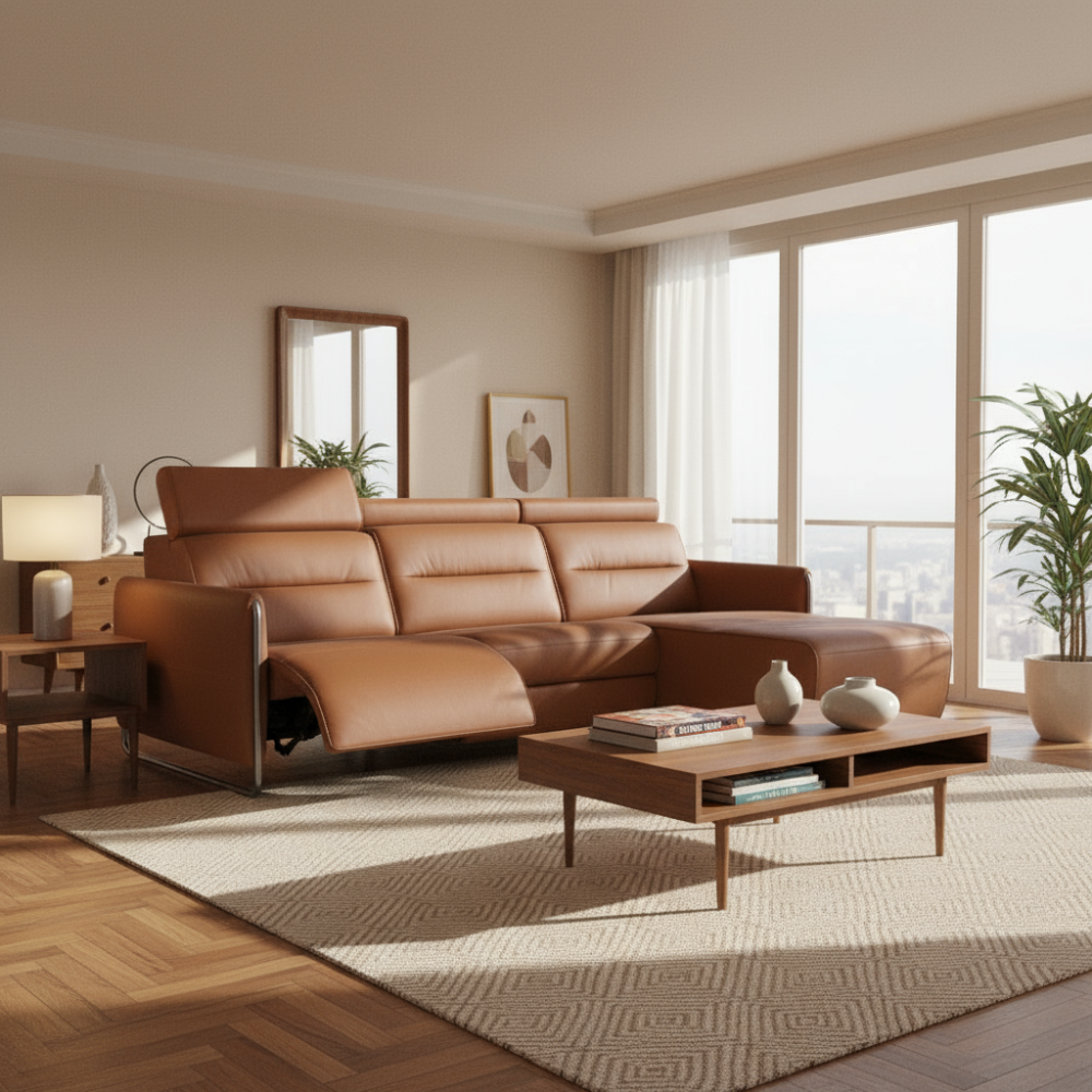 Sofá chaiselongue (L) con Long Seat modelo EMILY Stressless® Power™ Brazo Metal piel Paloma