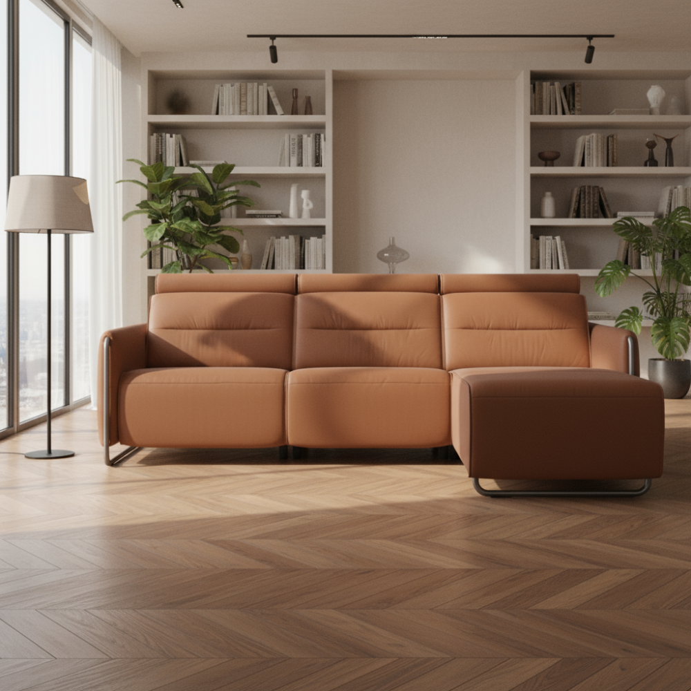 Sofá chaiselongue (L) con Long Seat modelo EMILY Stressless® Power™ Brazo Metal piel Paloma