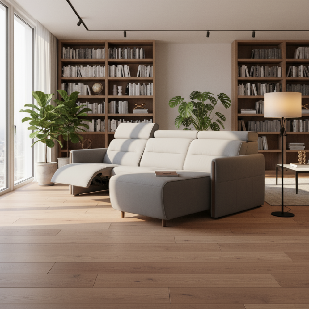 Sofá chaiselongue (L) con Long Seat modelo EMILY Stressless® Power™ Brazo Madera piel Paloma