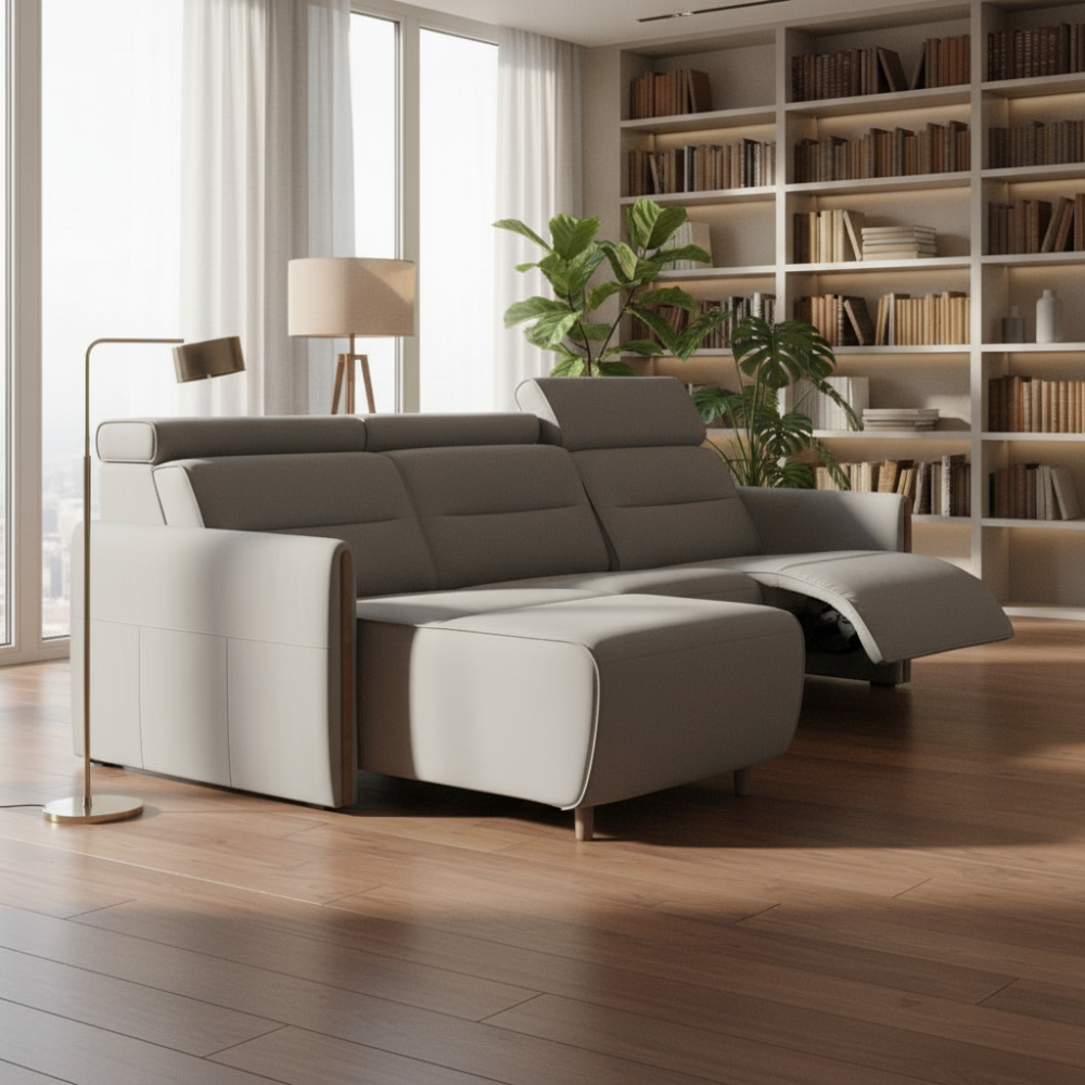 Sofá chaiselongue (L) con Long Seat modelo EMILY Stressless® Power™ Brazo Madera piel Paloma
