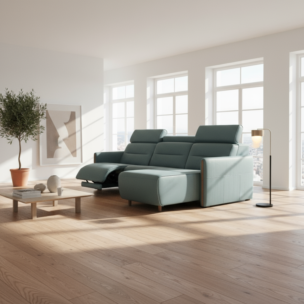 Sofá chaiselongue (M) con Long Seat modelo EMILY Stressless® Power™ Brazo Madera piel Paloma
