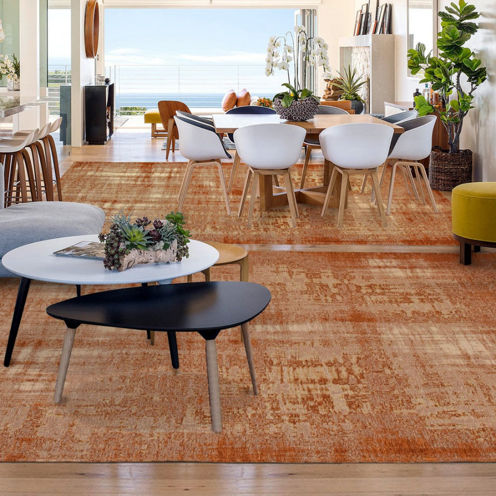 alfombra antik chenille orange en ambiente mediterraneo