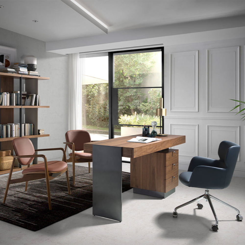 Escritorio oficina de madera Nogal y acero pulido
