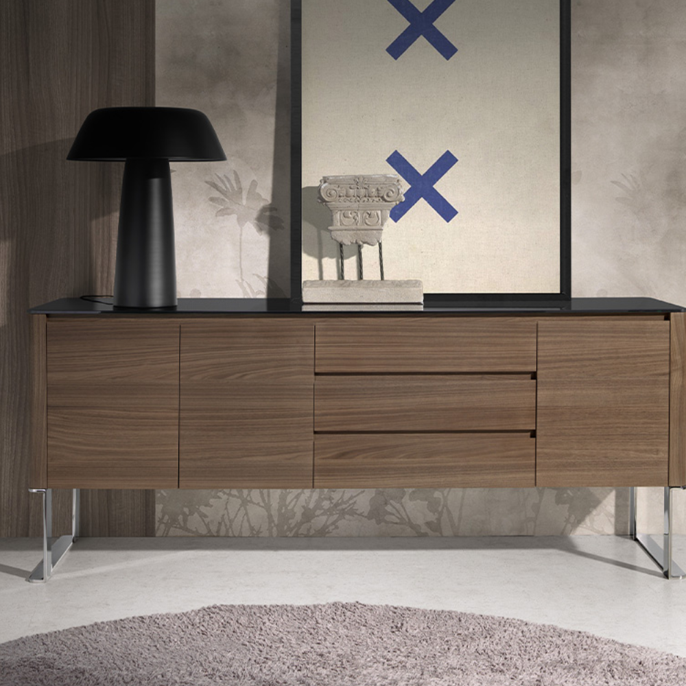 Aparador Madera Chapada Nogal Tapa Cristal Negro Colección Elegance