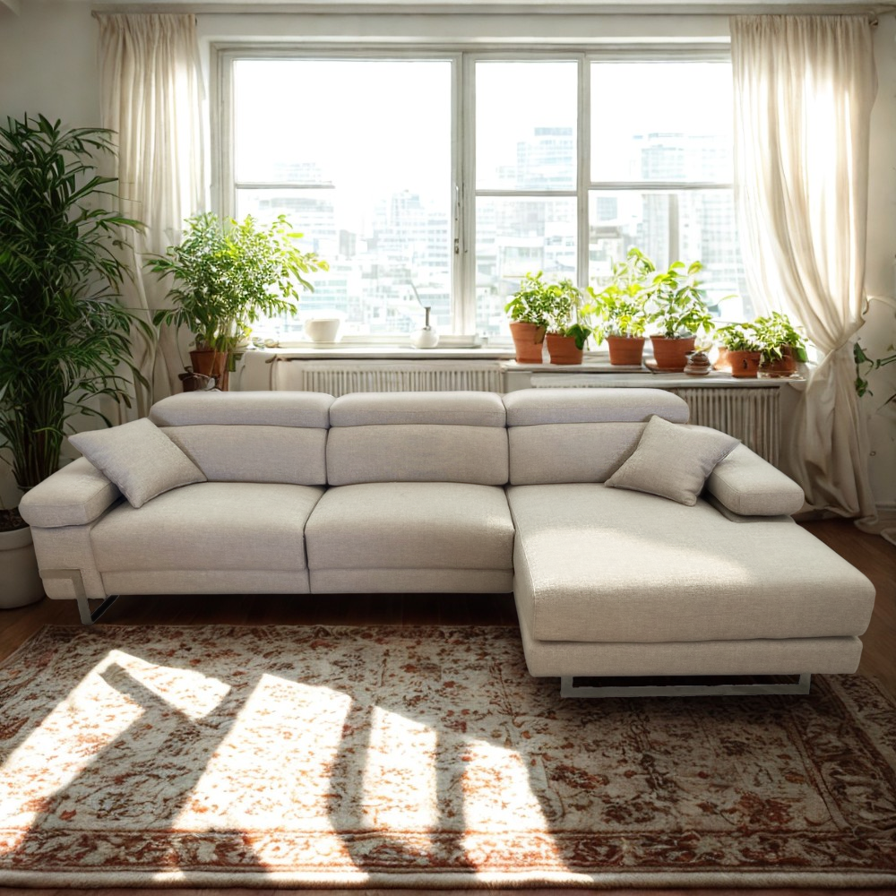 Chaiselongue modelo ACAPULCO con 2 asientos relax motorizados en tela Aquaclean