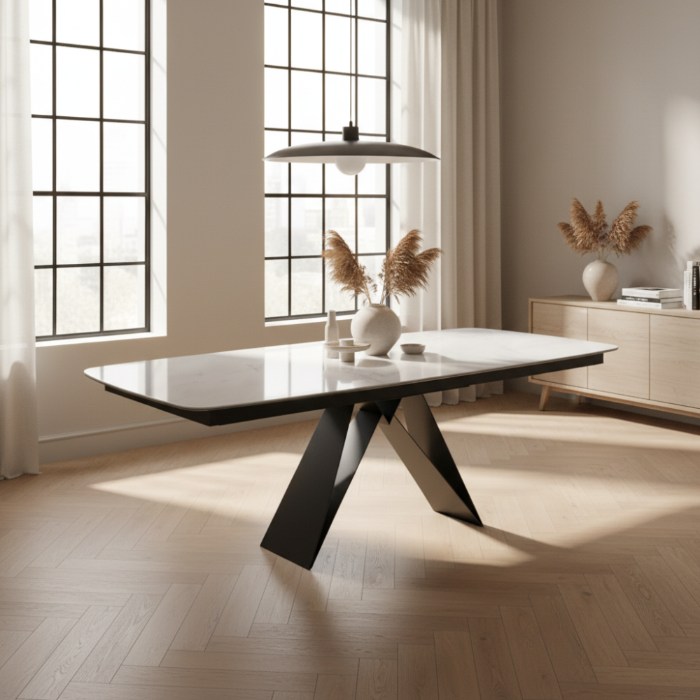 Mesa comedor de diseño extensible modelo IN-YKK tapa porcelánico