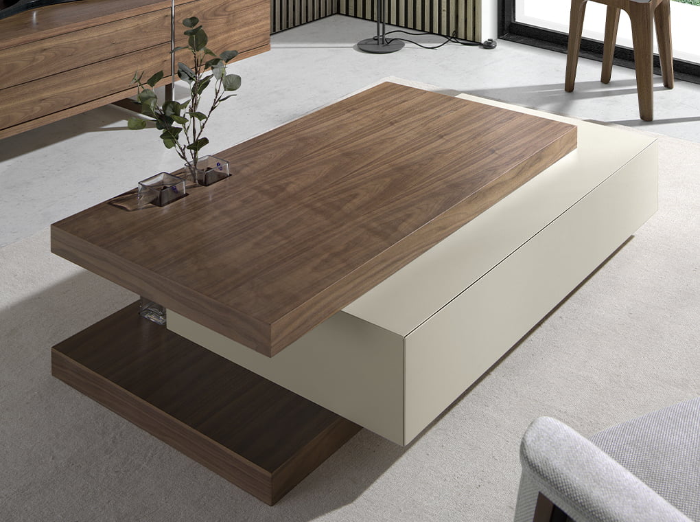 Mesa de diseño con detalle en cristal y cajón