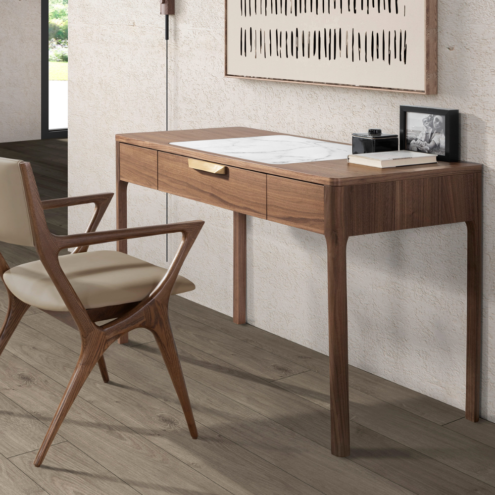 Escritorio tocador nogal con tapa de cristal imitación mármol