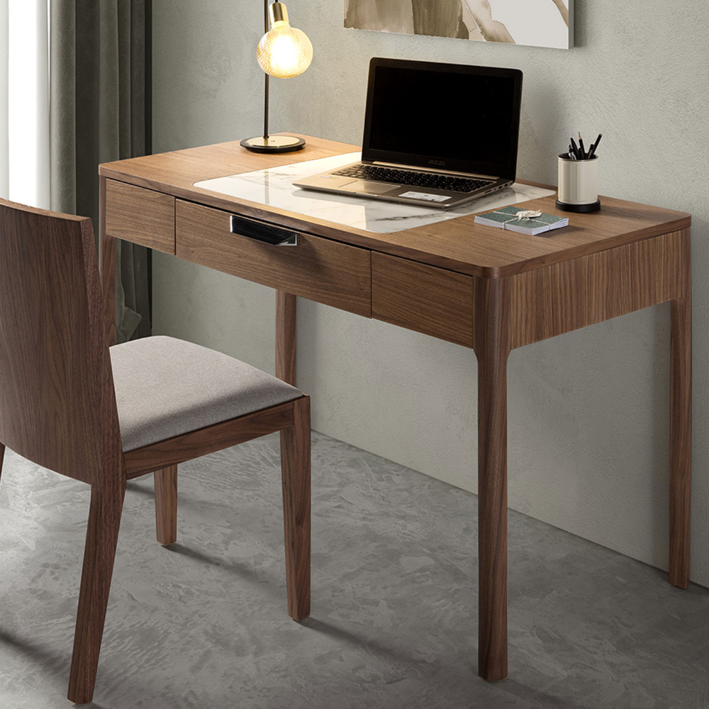 Escritorio tocador nogal con tapa de cristal imitación mármol