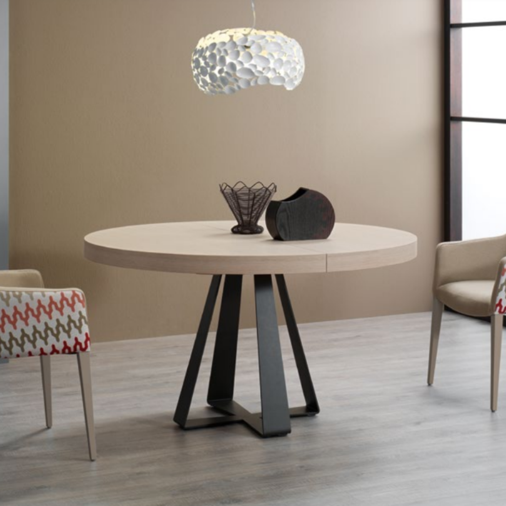 Mesa comedor de diseño circular extensible modelo IN-R tapa madera