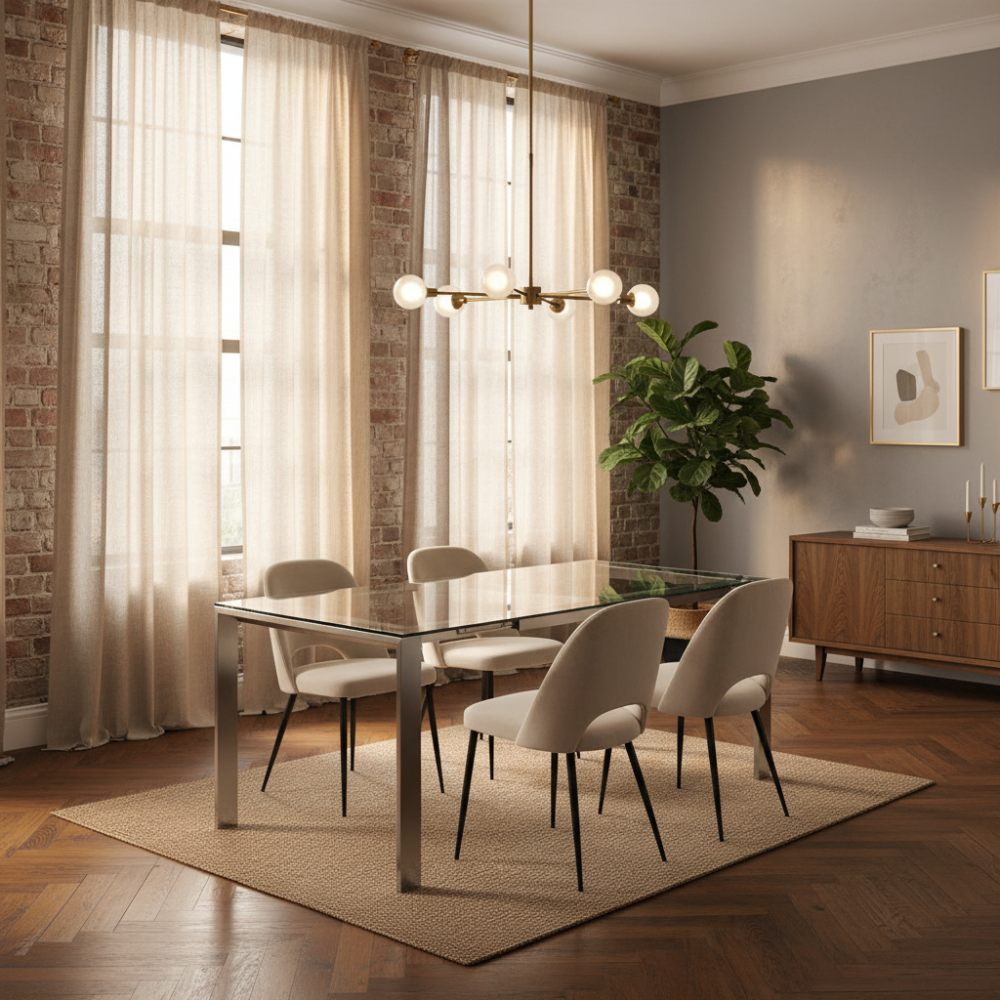 Mesa de comedor extensible modelo Aloa cristal en su versión pequeña