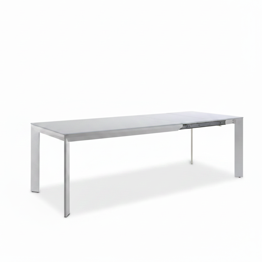 Mesa Comedor Fija o Extensible Tapa de Vidrio Patas Lacadas Blanco