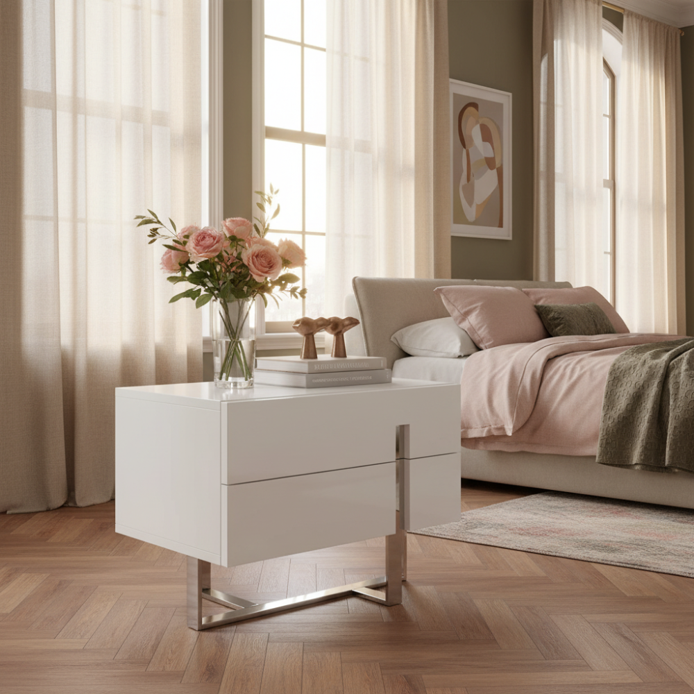 Mesita de Noche Lacada Patas Acero Colección Elegance