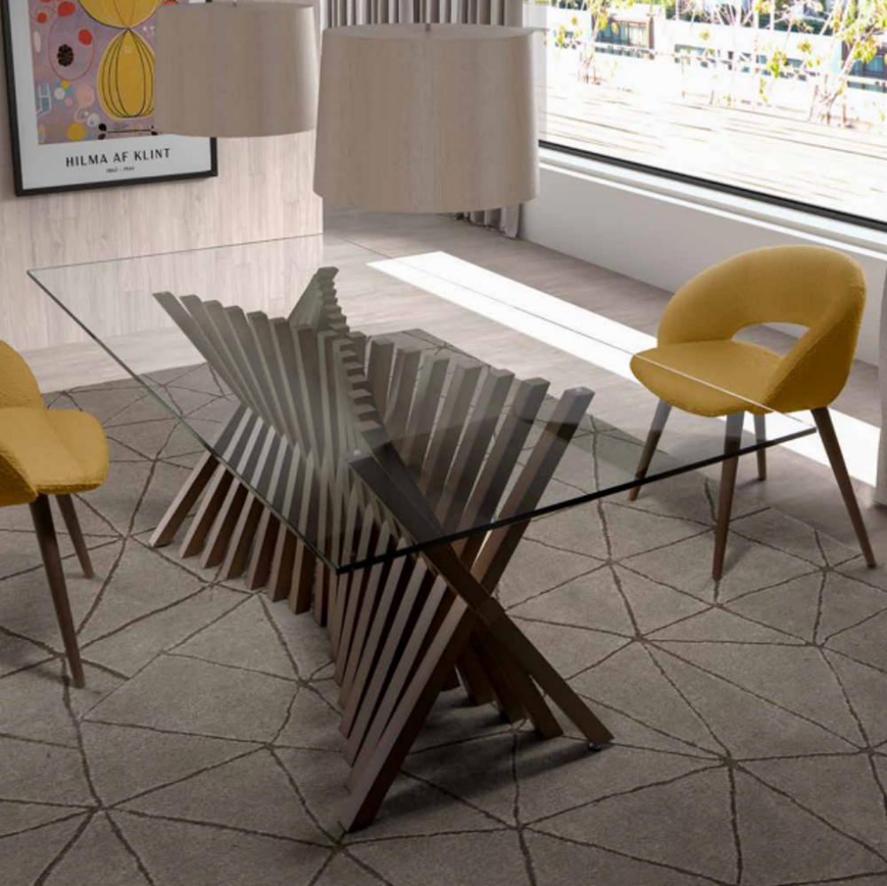 Mesa de Comedor Fija Modelo NC-LF WOOD GLASS Tapa de Cristal