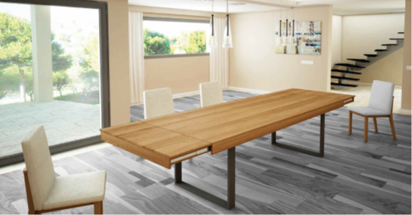 Mesa comedor extensible de diseño modelo Rebeca Pie Escuadra tapa roble