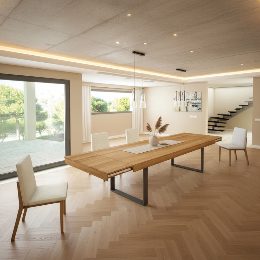 Mesa comedor extensible de diseño modelo Rebeca Pie Escuadra tapa roble