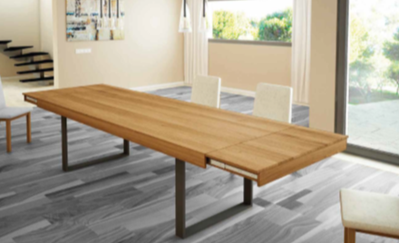 Mesa comedor extensible de diseño modelo Rebeca Pie Escuadra tapa roble