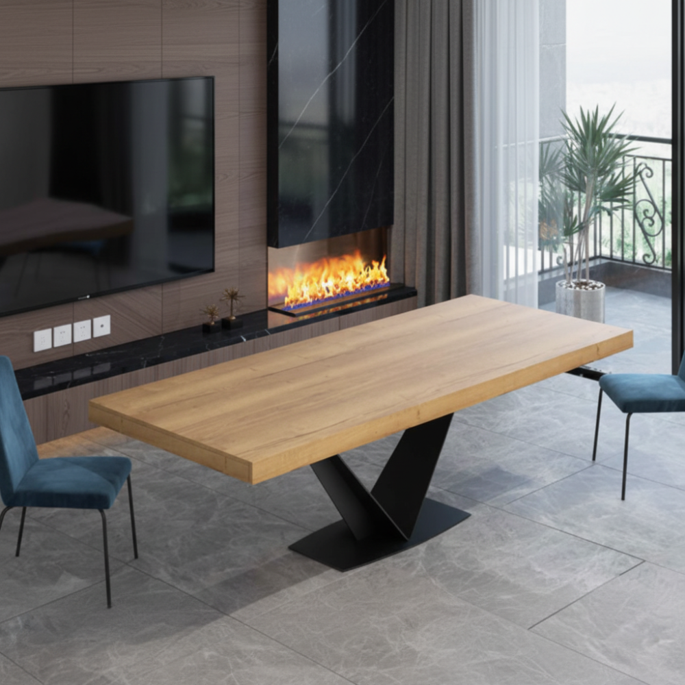 Mesa comedor extensible de diseño modelo Rebeca Pie Noelia tapa roble