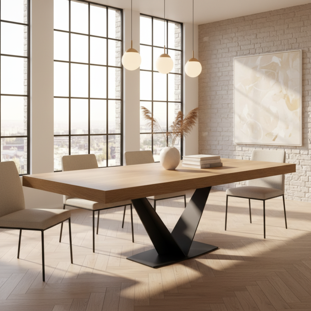 Mesa comedor extensible de diseño modelo Rebeca Pie Noelia tapa roble