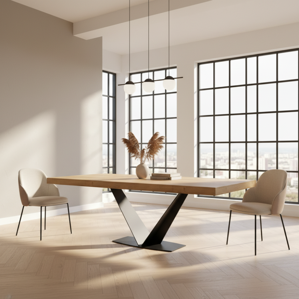 Mesa comedor extensible de diseño modelo Rebeca Pie Noelia tapa roble