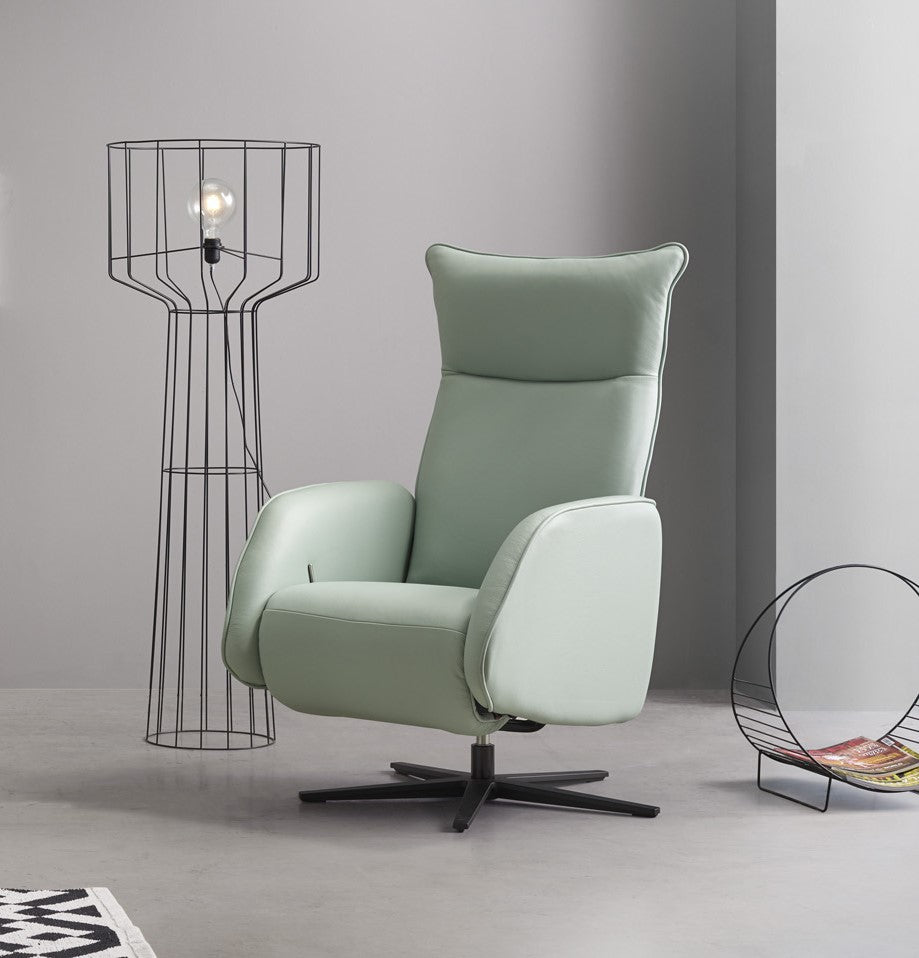 Sillón de diseño giratorio con relax en piel natural verde menta modelo PHILLY