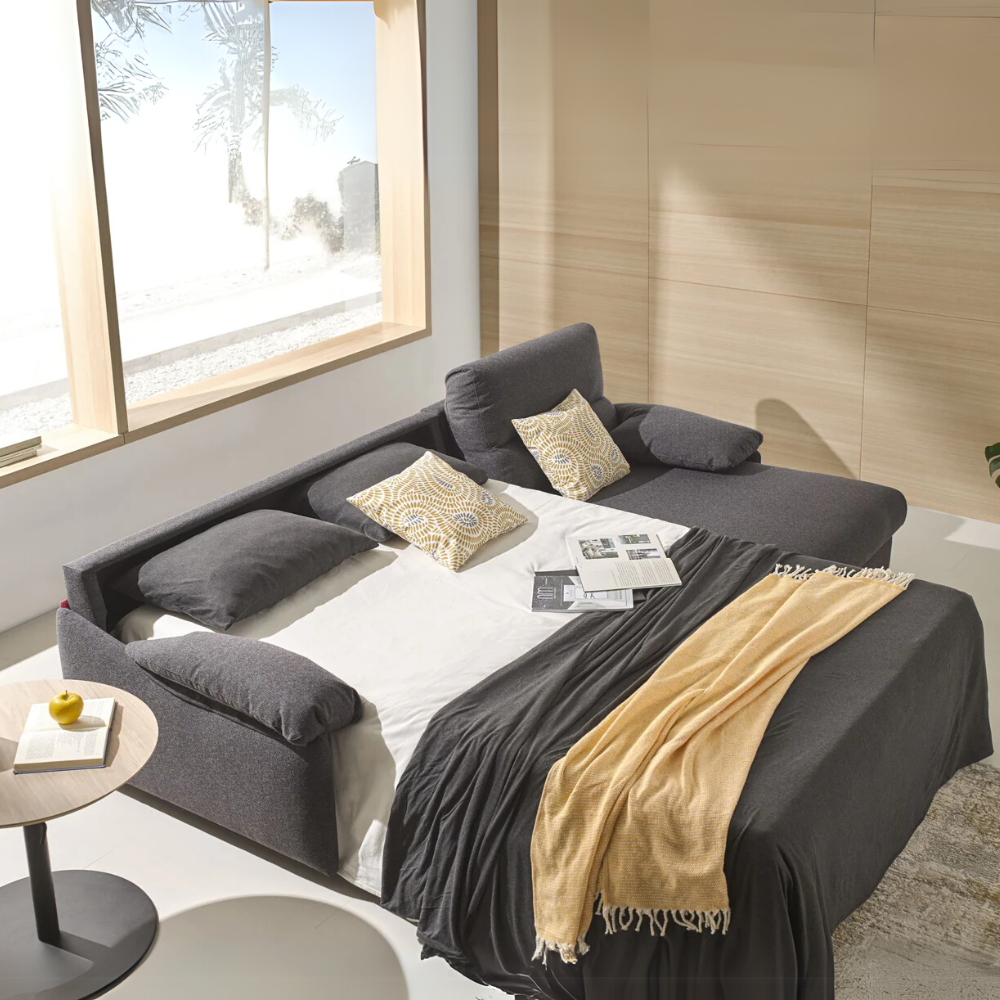 Sofá con chaiselongue cama modelo LAGOS con sistema de apertura Italiano