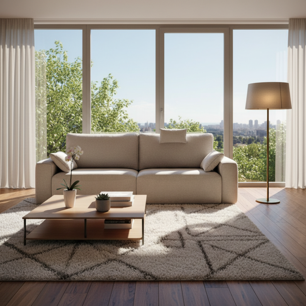 Sofá con dos asientos extraíbles a suelo motorizados modelo CLOUD