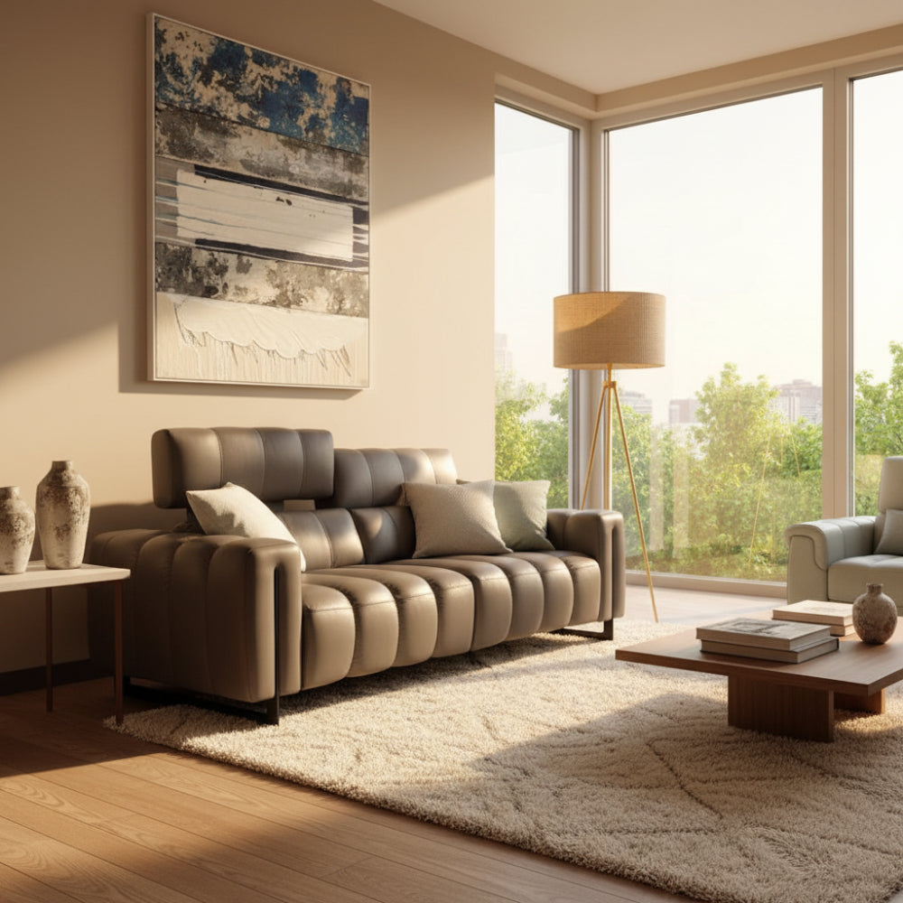 Sofá relax de diseño modelo HAMPTON con cabezal eléctrico ajustable en piel