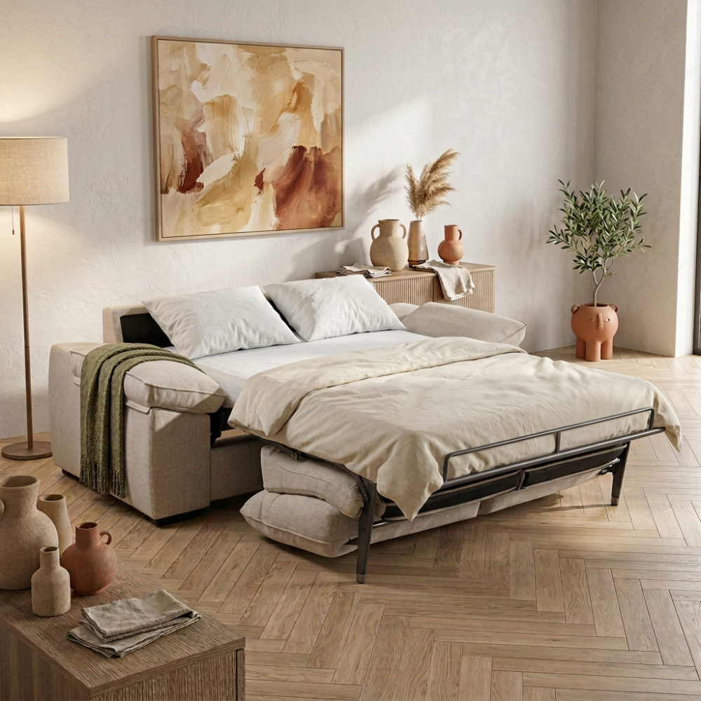 Sofá cama ergonómico con apertura italiana modelo JONES Tapizado Express