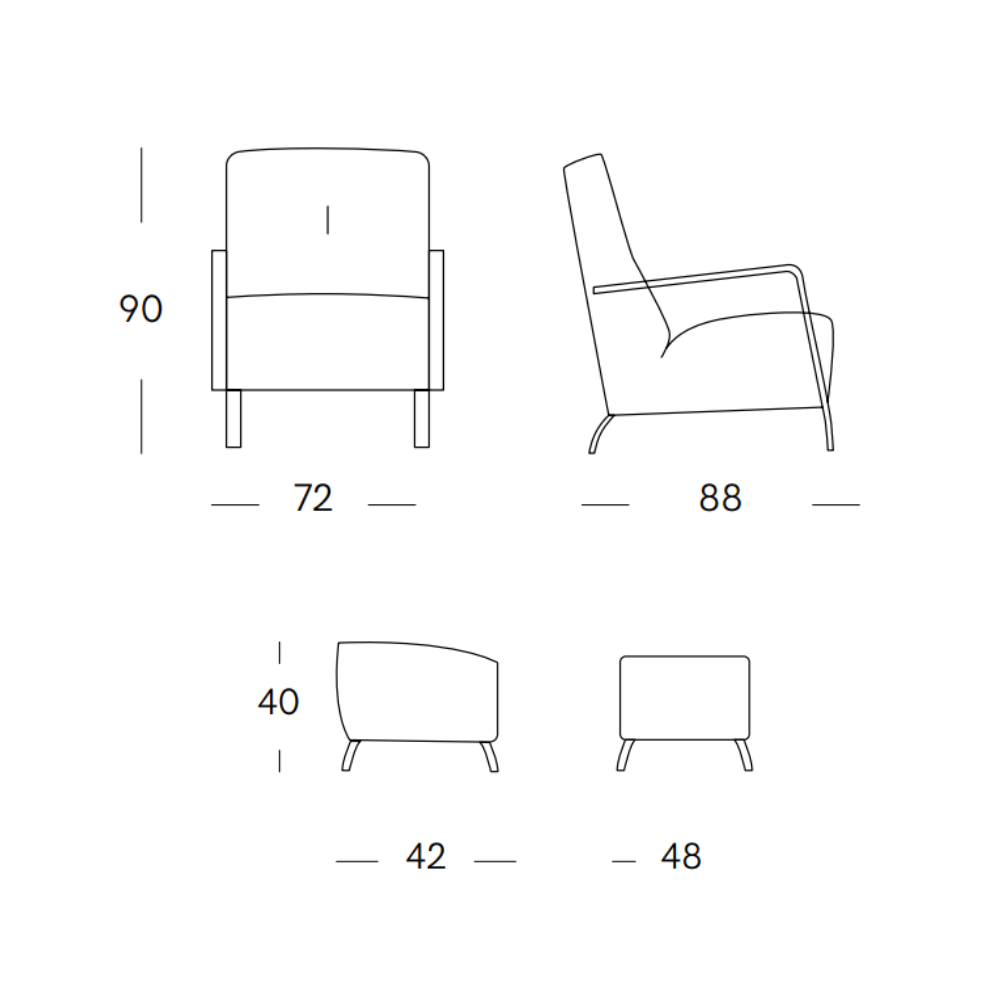 medidas de la Butaca y el pouf de diseño nórdico modelo KOYO