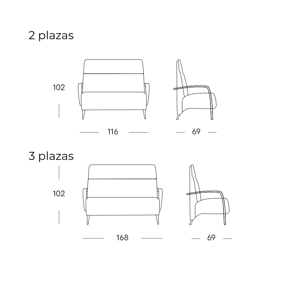 medidas del Sofá de 2 ó 3 plazas de diseño nórdico modelo CKINI