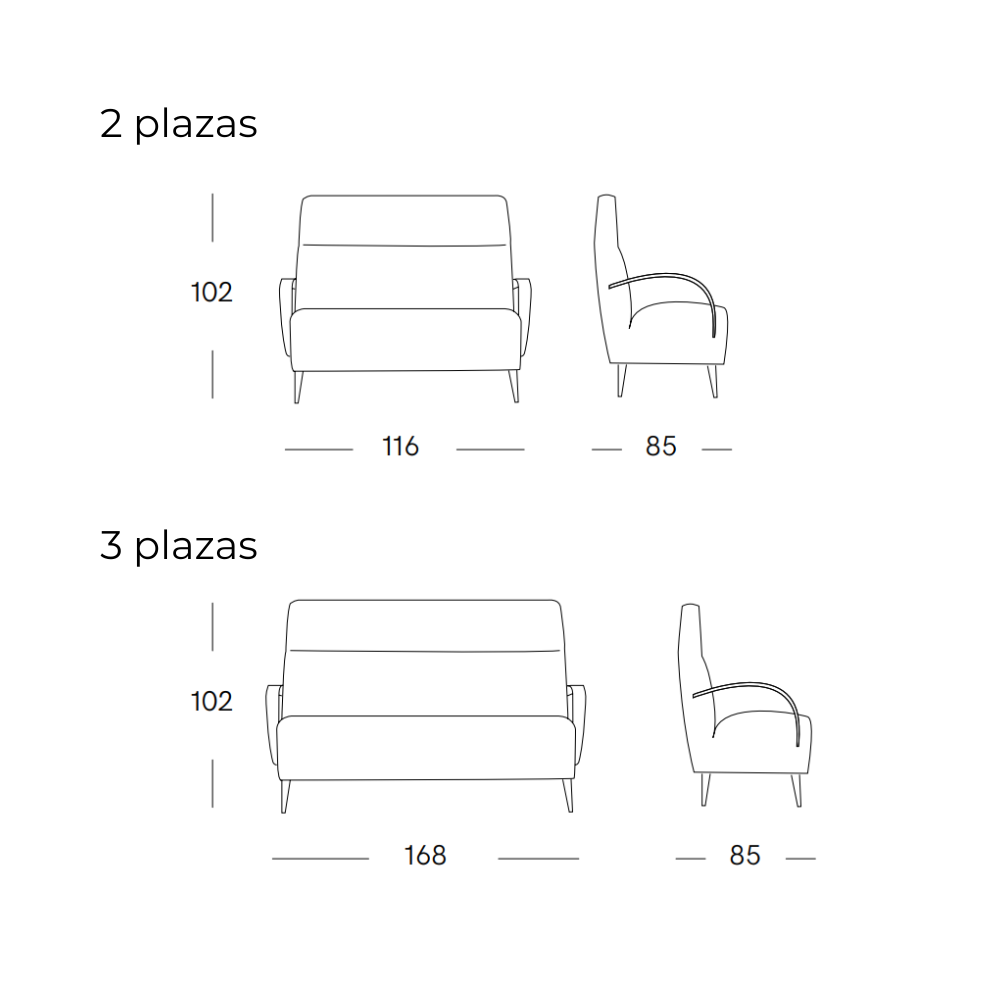 medidas del Sofá de 2 ó 3 plazas de diseño nórdico modelo ANYZ