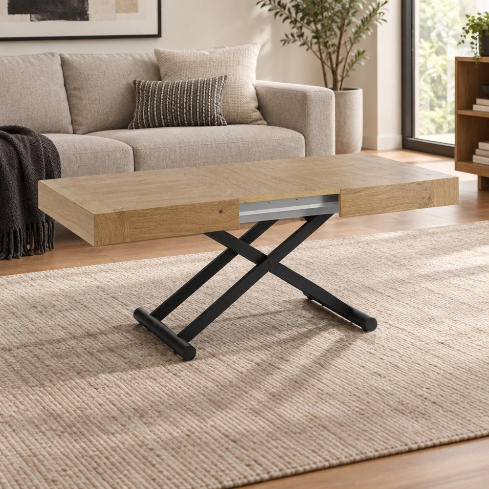 Mesa Centro Convertible en Mesa Comedor y Extensible Modelo IN-CTV Tapa de Madera