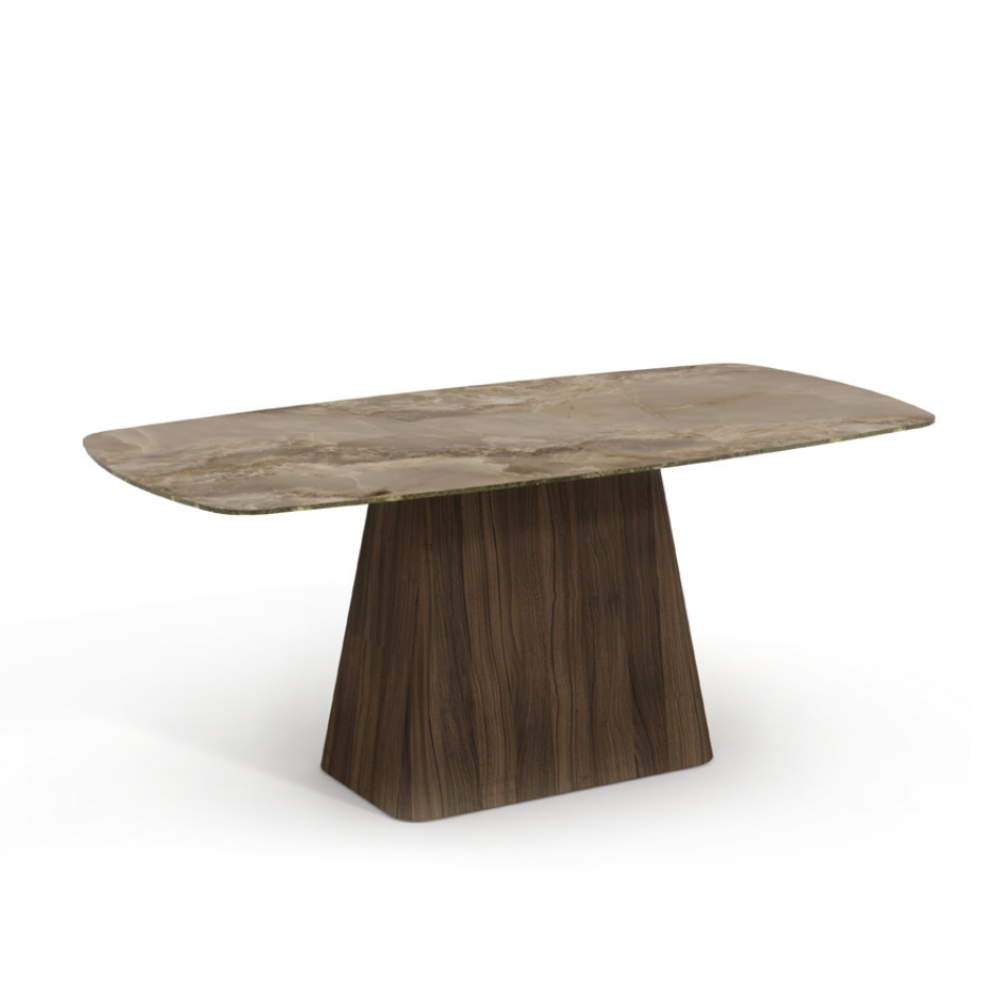 Mesa de comedor Tapa de Cerámica y Pie Central de Nogal