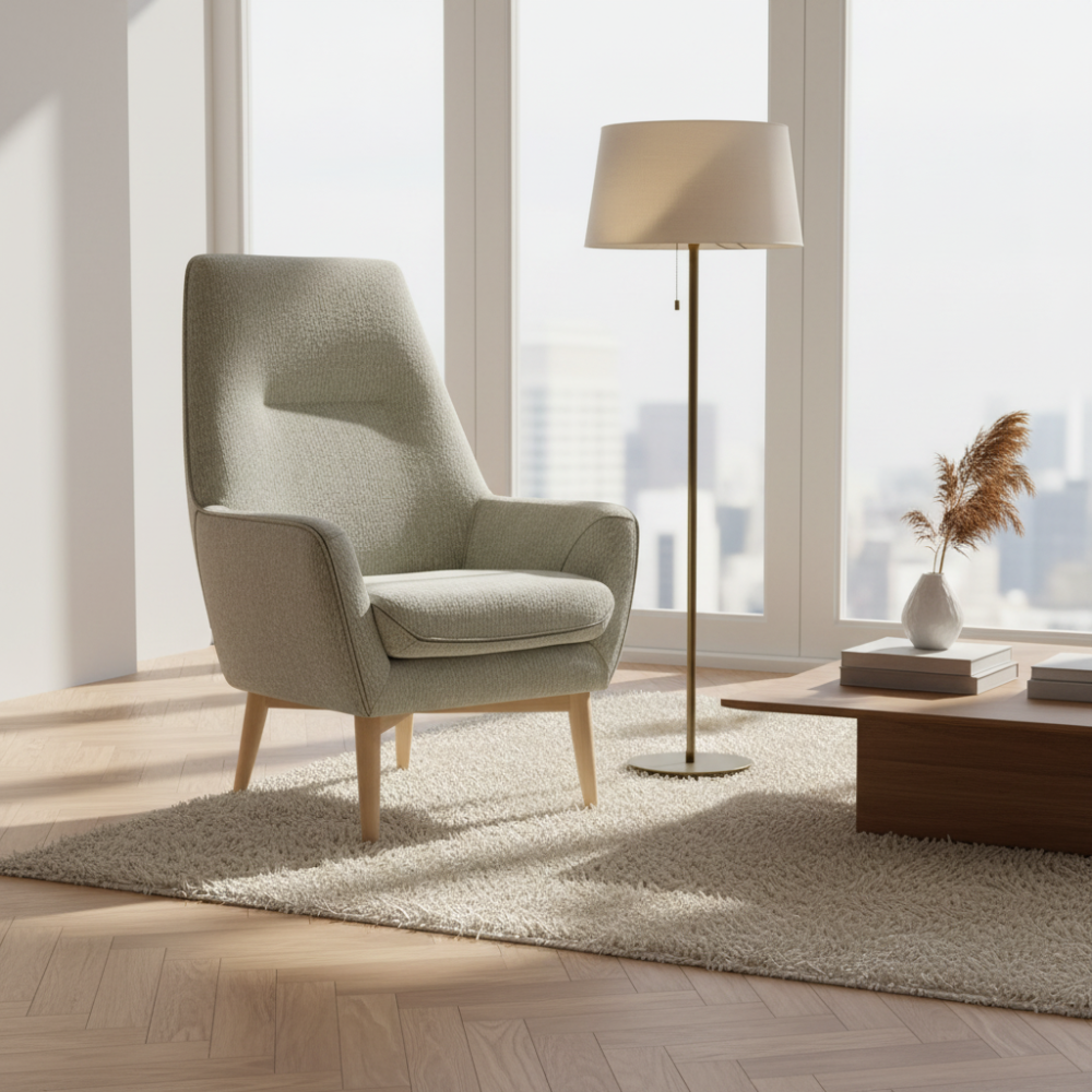 Sillón con patas de madera modelo NICASSIA Tapizado Antimanchas