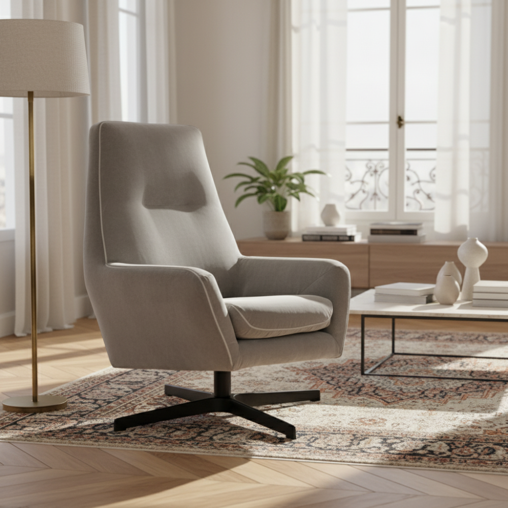 Butaca de diseño con pie giratorio modelo NICASSIA en tela Aquaclean