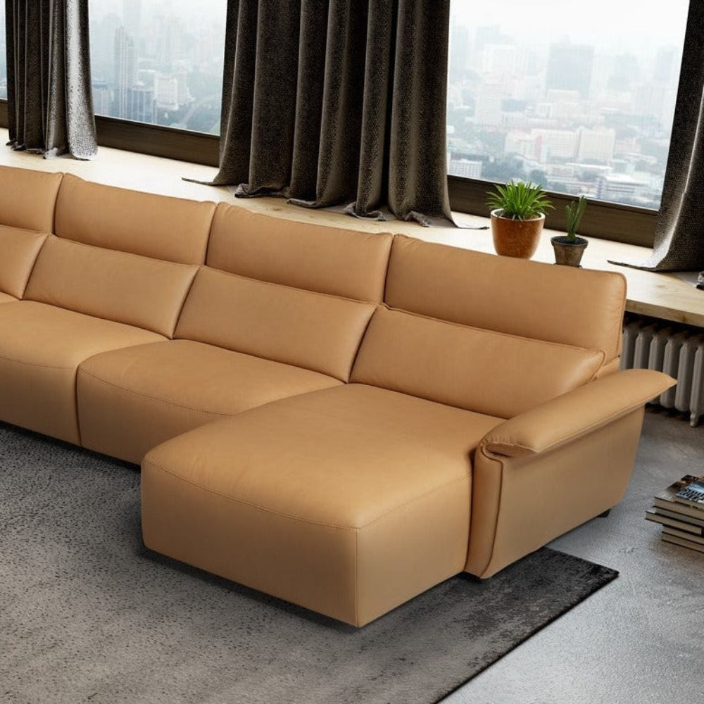 Rinconera con chaiselongue modelo PUGLIA con cabezal eléctrico ajustable y asiento relax en Piel