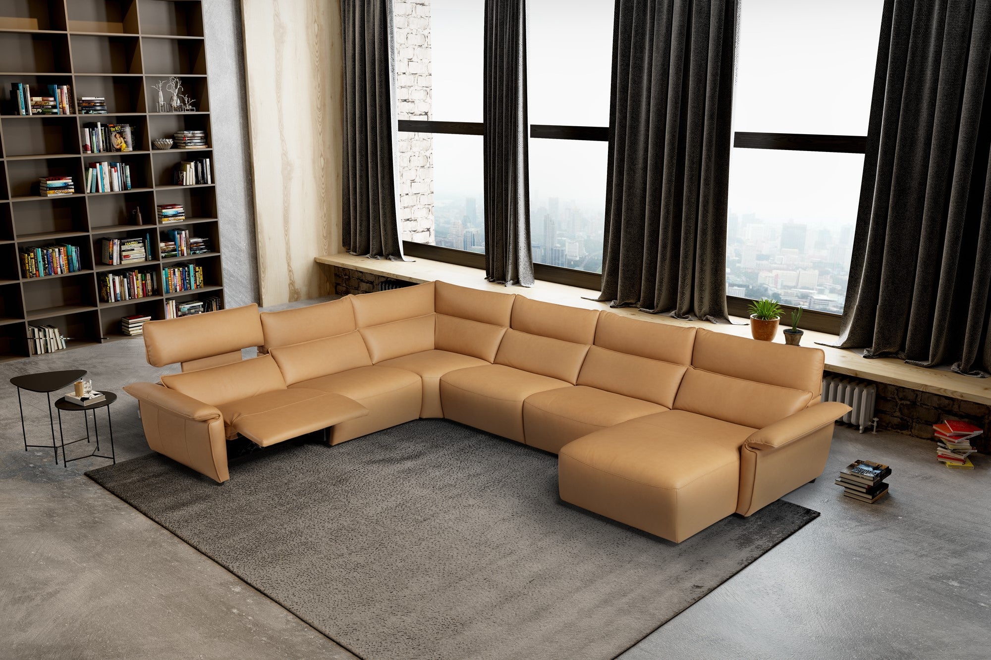 Rinconera de diseño con chaiselongue modelo PUGLIA con cabezal eléctrico ajustable y asiento relax en Piel.