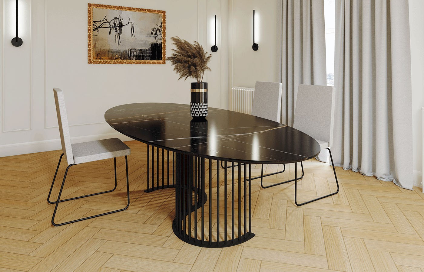 Mesa comedor fija de diseño oval Modelo Nilo tapa cristal