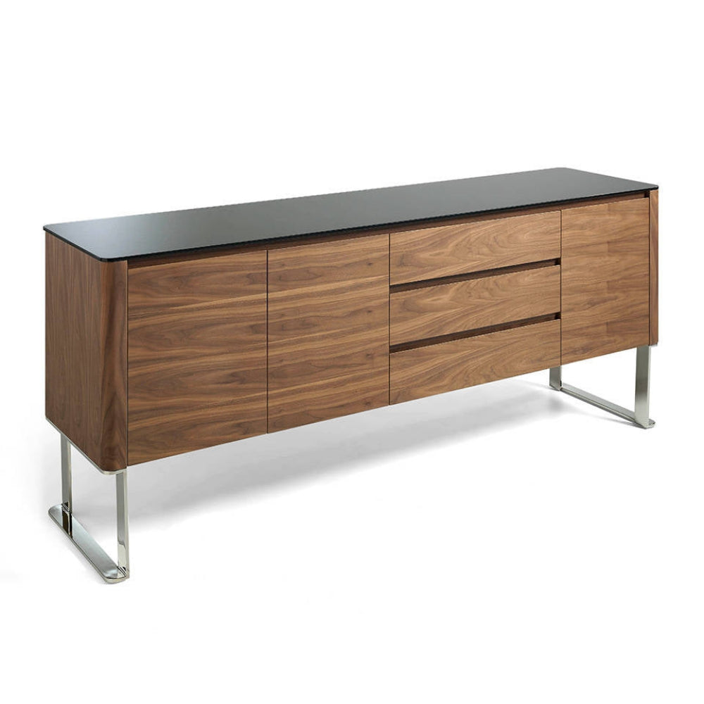 Aparador Madera Chapada Nogal Tapa Cristal Negro Colección Elegance