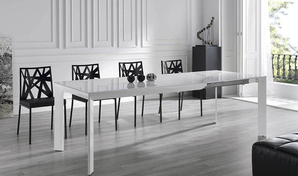 Mesa Comedor Fija o Extensible Tapa de Vidrio Patas Lacadas Blanco
