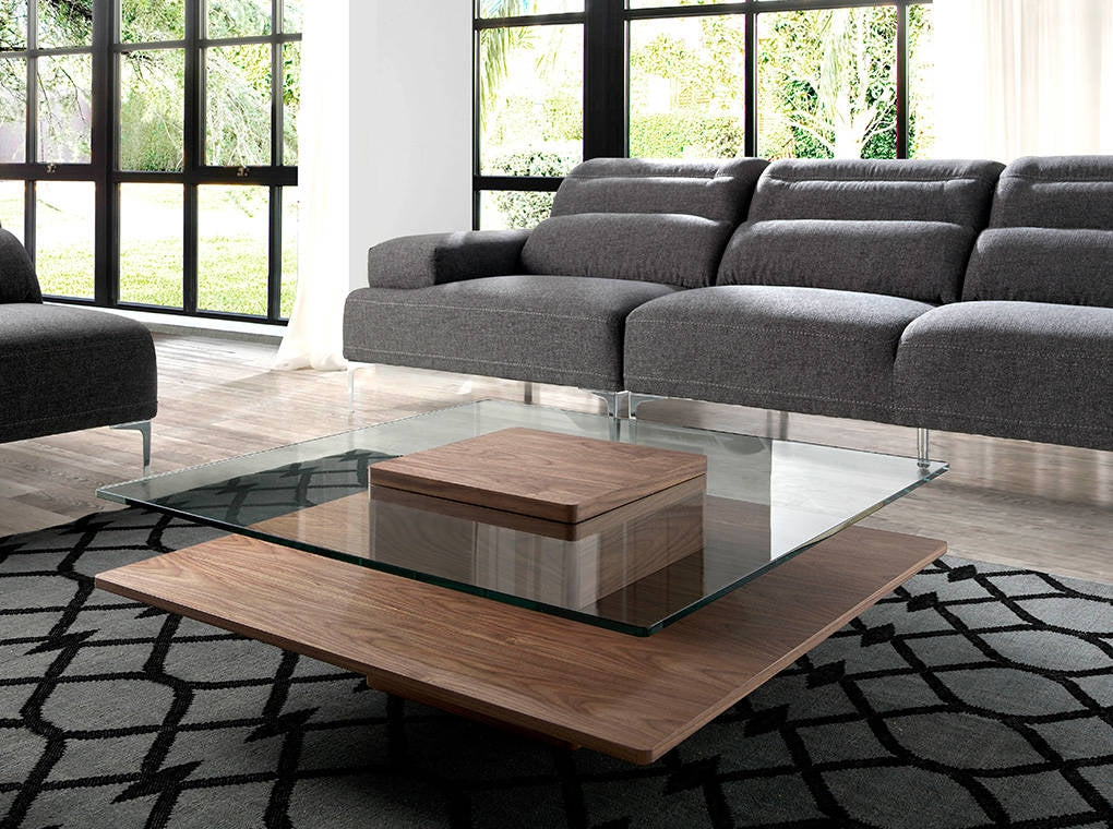 Mesa centro Madera Chapada Nogal Tapa Cristal Templado Colección Elegance
