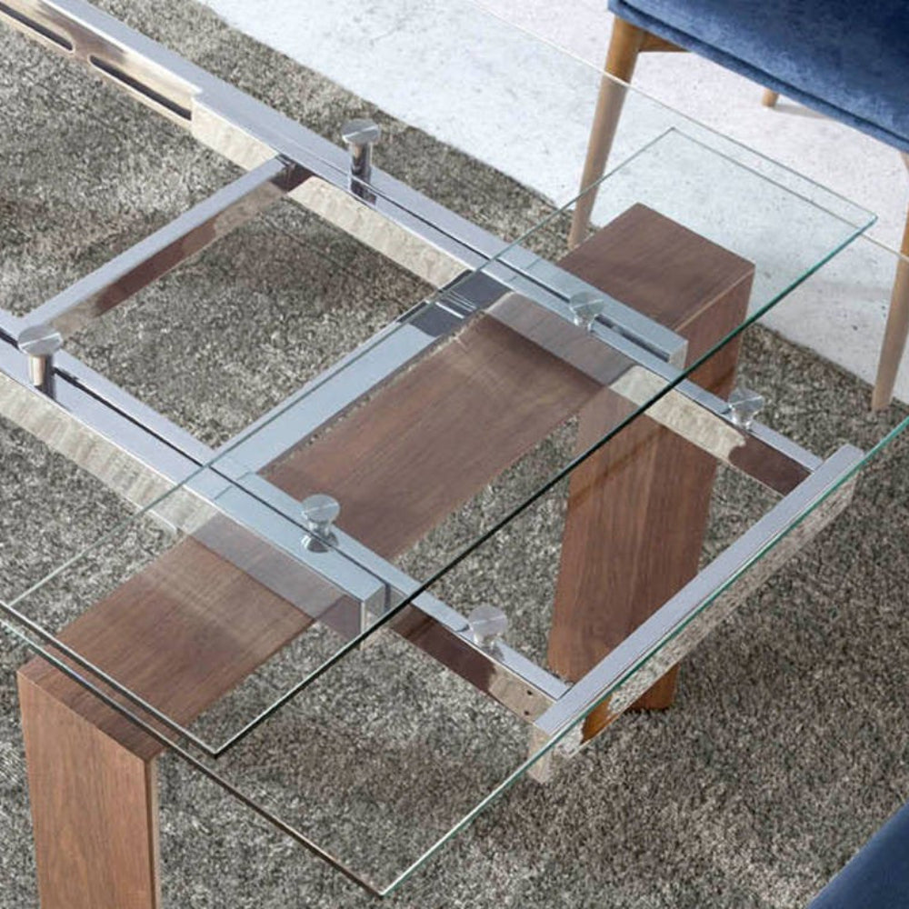 Mesa de comedor extensible con tapa de cristal templado y patas chapadas en nogal modelo ELEDT638B Sidivani