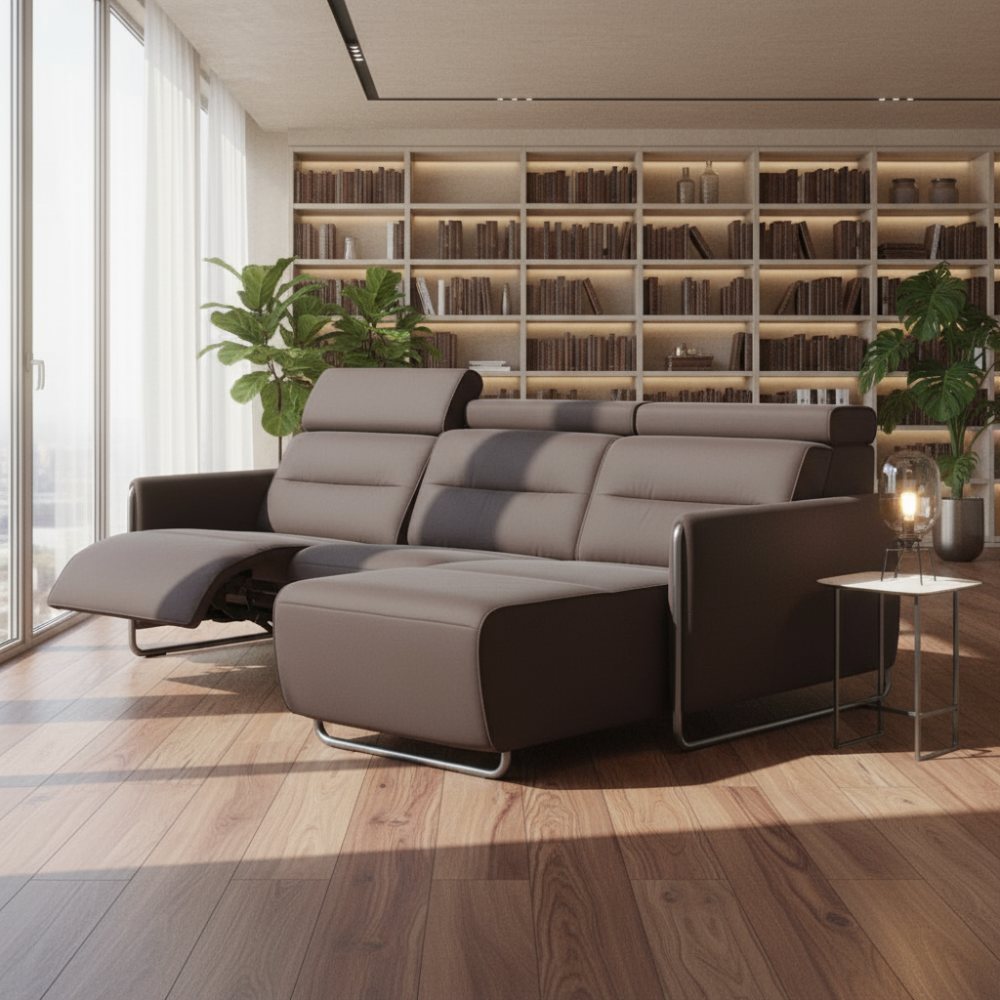 Sofá chaiselongue (M) con Long Seat modelo EMILY Stressless® Power™ Brazo Metal piel Paloma