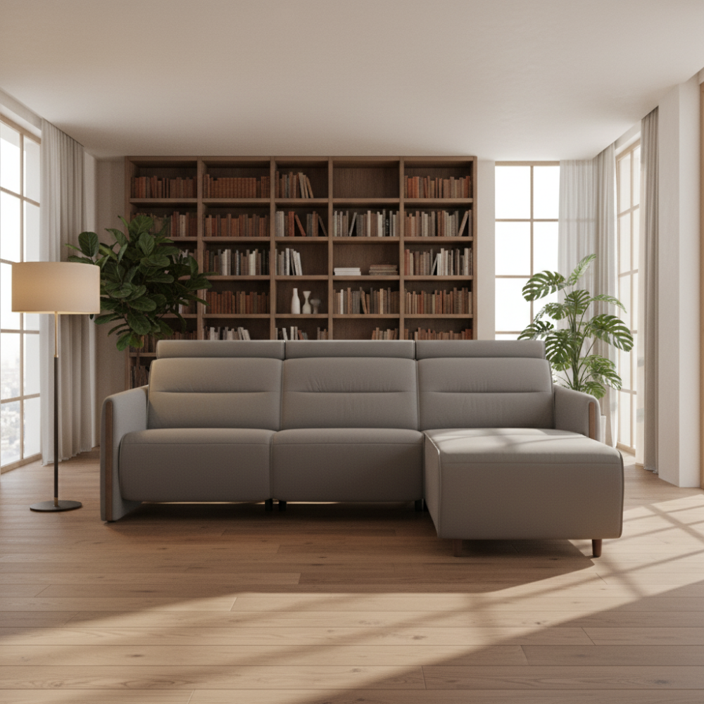Sofá chaiselongue (L) con Long Seat modelo EMILY Stressless® Power™ Brazo Madera piel Paloma
