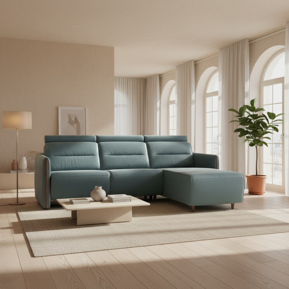 Sofá chaiselongue (M) con Long Seat modelo EMILY Stressless® Power™ Brazo Madera piel Paloma