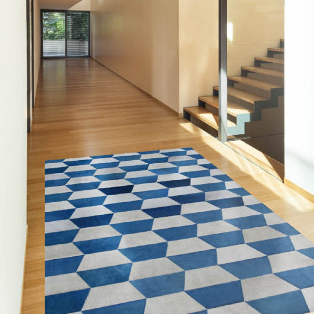 Alfombra de diseño en piel Merengue Azul en un recibidor