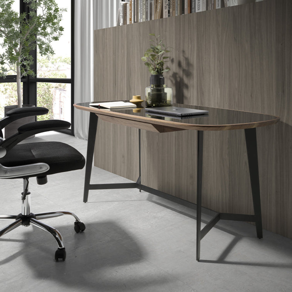 Escritorio oficina de madera Nogal y cristal tintado negro