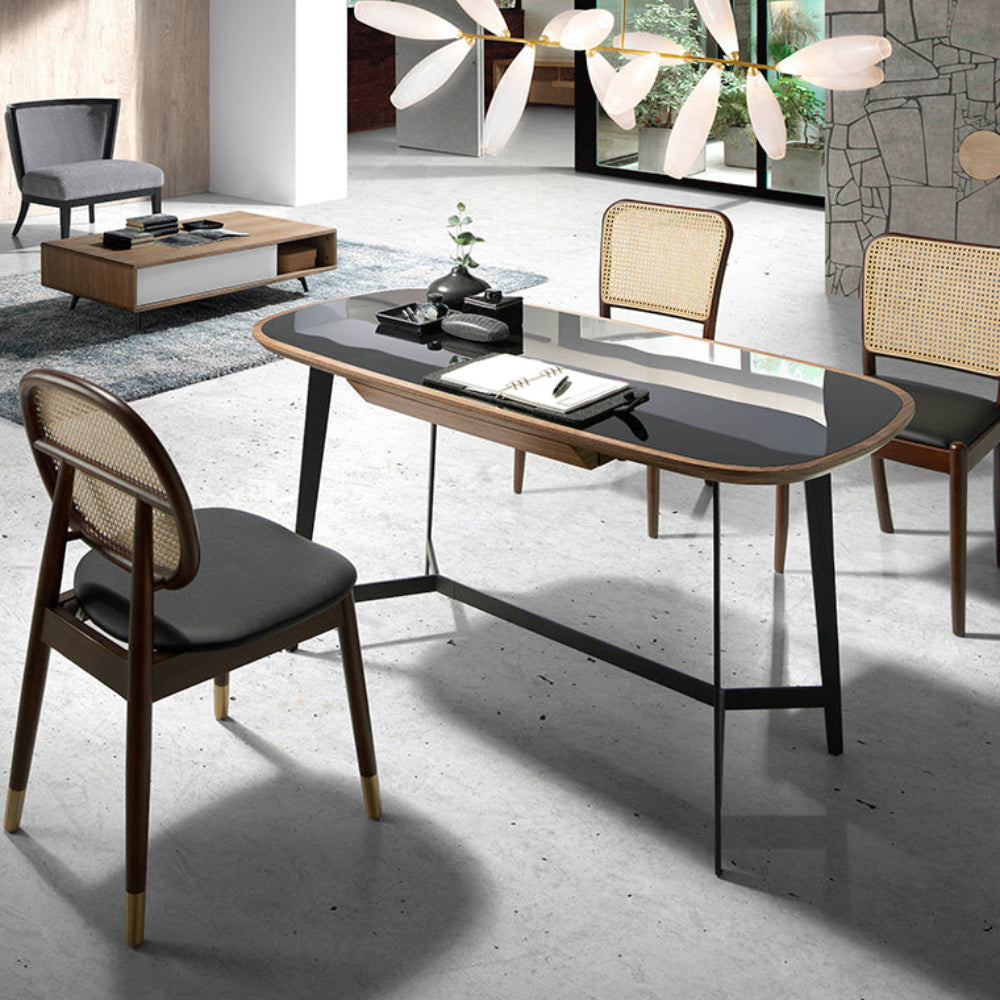 Escritorio oficina de madera Nogal y cristal tintado negro