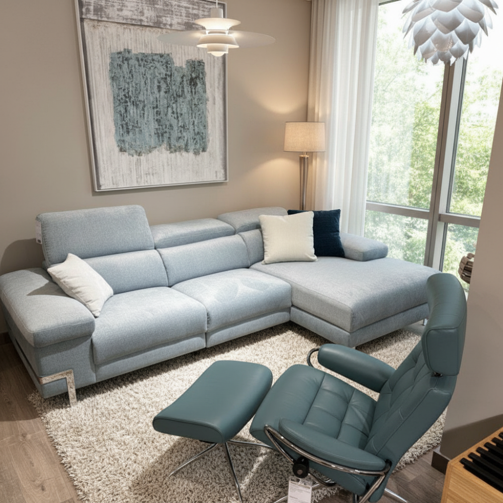 Chaiselongue modelo ACAPULCO con 2 asientos relax motorizados en tela Aquaclean